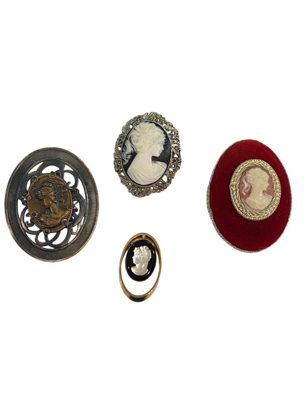 Vintage Cameo Brooch Bundle: Victorian-Style Set Of 4 Red Velvet Case Metal Fram